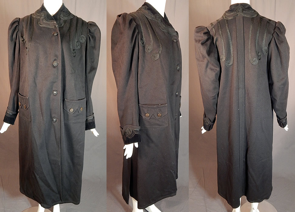 Victorian Black Wool Velvet Soutache Trim Womens Winter Frock Coat
This wonderful womens winter travel frock coat has a long full below the knee length, with gathered puff shoulders, long full leg of mutton style sleeves, embellished rolled cuffs, two front patch pockets with button trim accents, a fitted back with soutache spiraling decorative designs down the shoulders, silk covered button front closures and is fully lined.