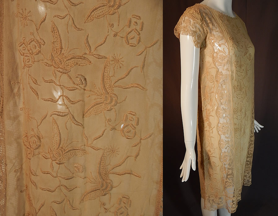 Vintage Butterfly French Knot Embroidered Ecru Silk Filet Lace Chemise Shift Dress
The dress measures 40 inches long, with a 36 inch bust, 36 inch waist, 36 inch hips and 13 inch back. 