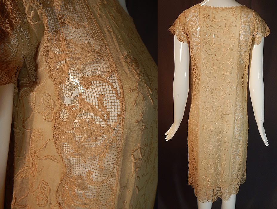  Vintage Butterfly French Knot Embroidered Ecru Silk Filet Lace Chemise Shift Dress
It is in good condition, with only a tiny faint stain and frayed hole on the bottom skirt and a small frayed hole in the filet lace under one arm (see close-up).