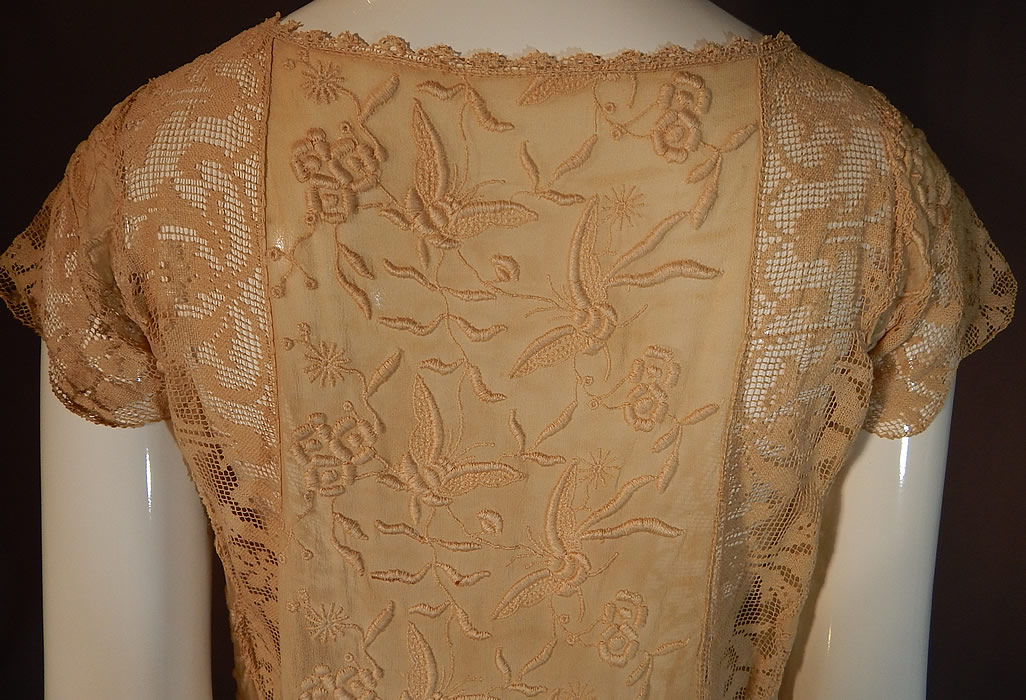Vintage Butterfly French Knot Embroidered Ecru Silk Filet Lace Chemise Shift Dress
This is truly an exquisite piece of wearable embroidered lace art! 