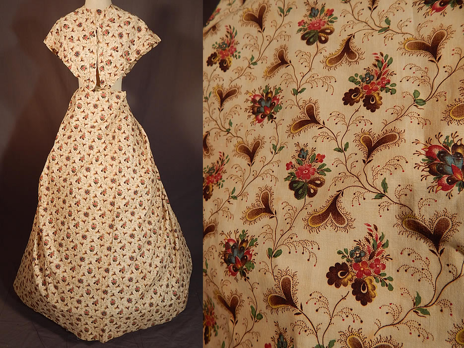 Victorian Chintz Calico Floral Heart Print Skirt Fabric Fichu Pelerine Shawl Cape
This antique Victorian era chintz calico floral heart print skirt fabric fichu pelerine shawl cape dates from the 1840s. It is made of an off white glazed calico cotton chintz fabric with a pink, blue, green floral print and brown vine leaf heart shape designs highlighted with a yellow color accent.