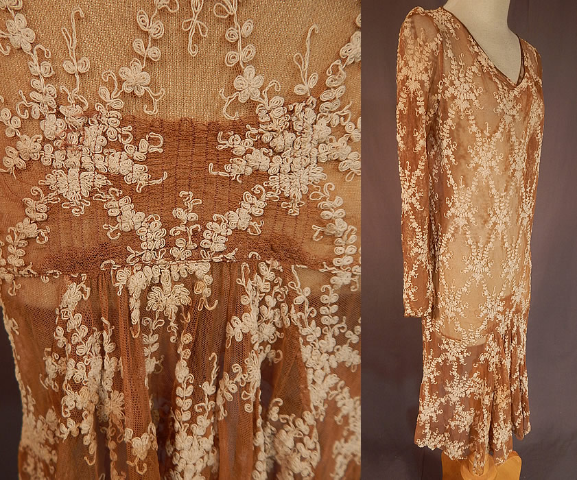 Vintage Ecru Beige Tulle Net Tambour Embroidery Lace Drop Waist Dress
This lovely loose fitting, drop waist style dress has gathered shoulders, long tapered sleeves, a short flared full skirt with ruched gathering on the front and is sheer, unlined.