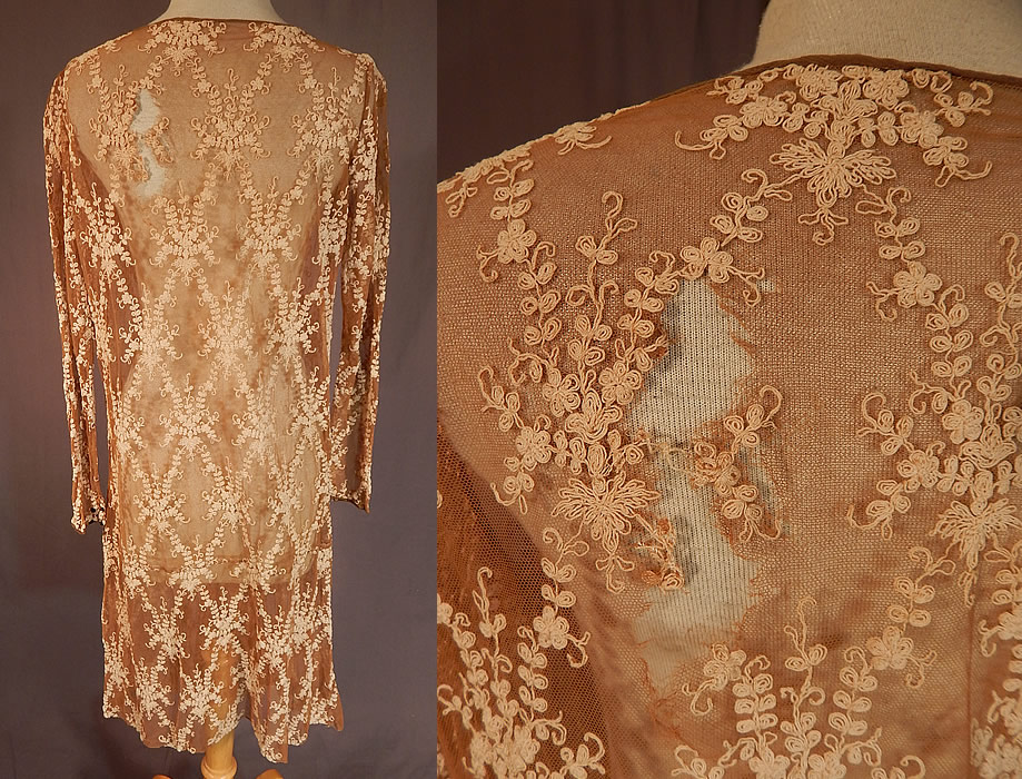 Vintage Ecru Beige Tulle Net Tambour Embroidery Lace Drop Waist Dress
The dress measures 36 inches long, with a 36 inch bust, 30 inch waist, 36 inch hips, 22 inch long sleeves and a 13 inch back seam. It is in fair as-is condition needing restoration or could be remade, used for design, with a large frayed hole on the back top (see close-up). This is truly a wonderful piece of wearable lace art! 