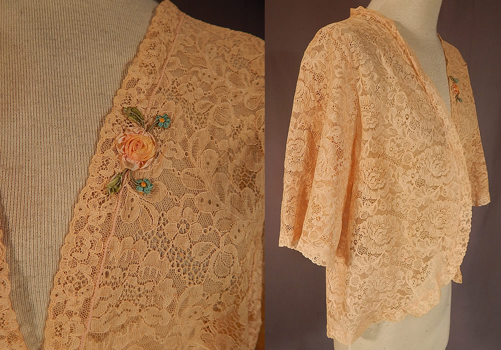 Vintage Silk Pastel Rosette Trim Cream Lace Bolero Boudoir Bed Jacket
This lovely lace lingerie boudoir bed jacket has a short bolero style, with a scalloped lace ruffle trim edging cut away open front, no closure, full short sleeves and is sheer, unlined. 