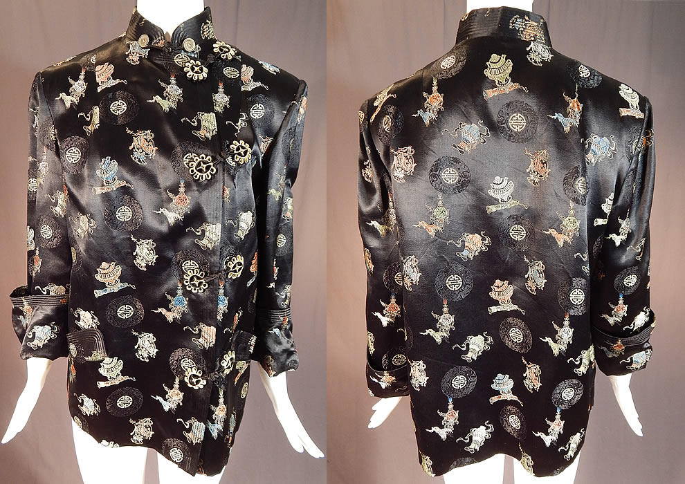 Vintage Hong Kong Chinese Character Ji Lucky Black Silk Damask Coat Jacket
This vintage Hong Kong Chinese character Ji lucky black silk damask coat jacket dates from the 1940s. It is made of a black silk satin damask weave brocade fabric with a colorful metallic woven Chinese character Ji design for luck and other precious objects, symbols of wealth, good fortune.
