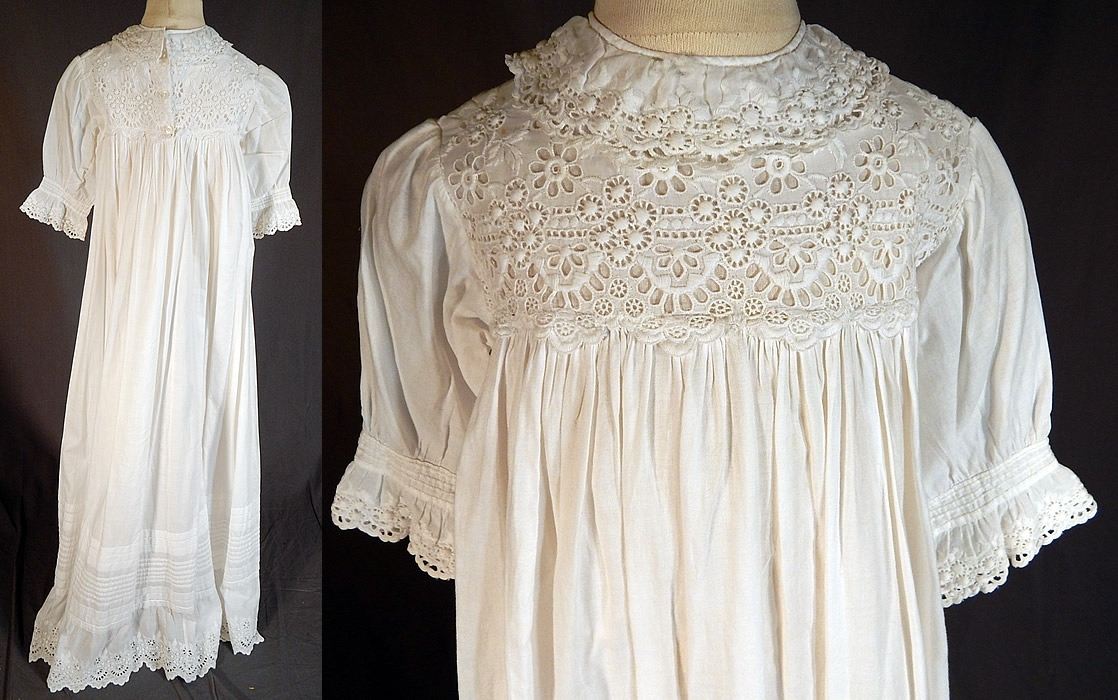 Victorian Broderie Anglaise Eyelet Cotton Batiste Baptism Christening Gown Dress
The gown measures 42 inches long, with a 24 inch chest, 40 inch wide skirt, 9 inch long sleeves, 8 inch back, 10 inch arm holes and a 10 inch neck.