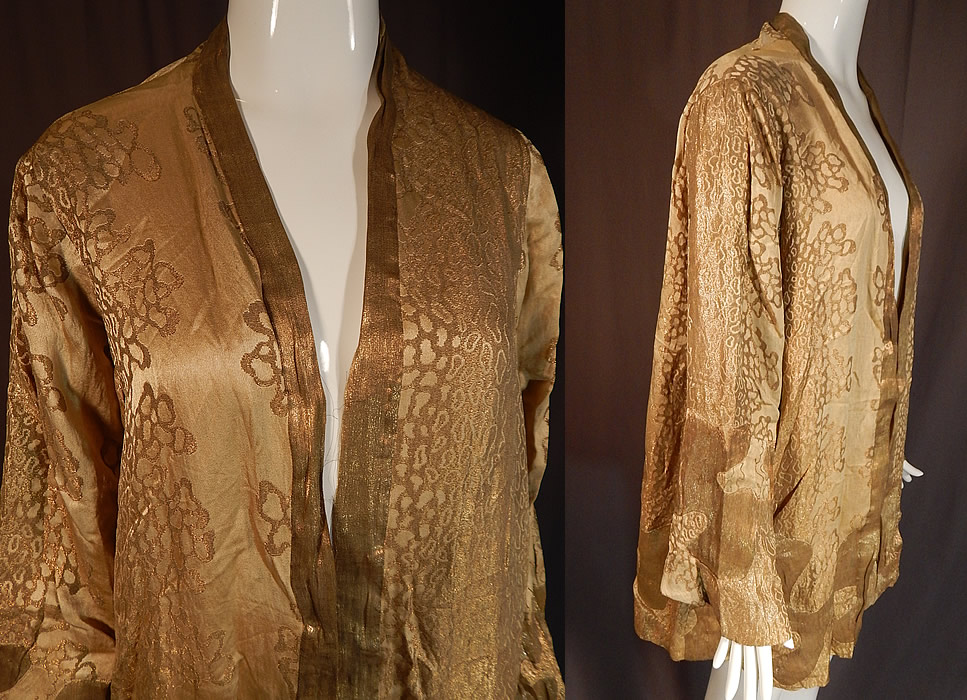 Vintage Art Deco Applique Pattern Gold  Lame Long Flapper Coat Jacket
This fabulous flapper coat jacket has a loose fitting long mid length robe style, with an open front, no closures, long full sleeves and is fully lined in a silk fabric with some small faint stains inside. 