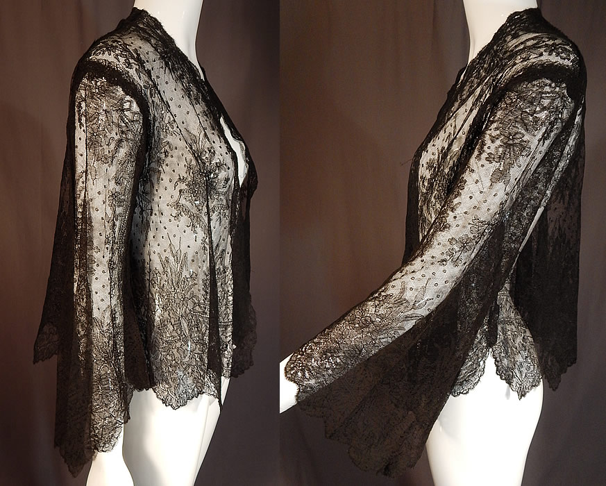 Victorian Antique Black Chantilly Lace Shawl Wide Pagoda Sleeve Jacket
This lovely lace has a lush floral foliage design throughout. 