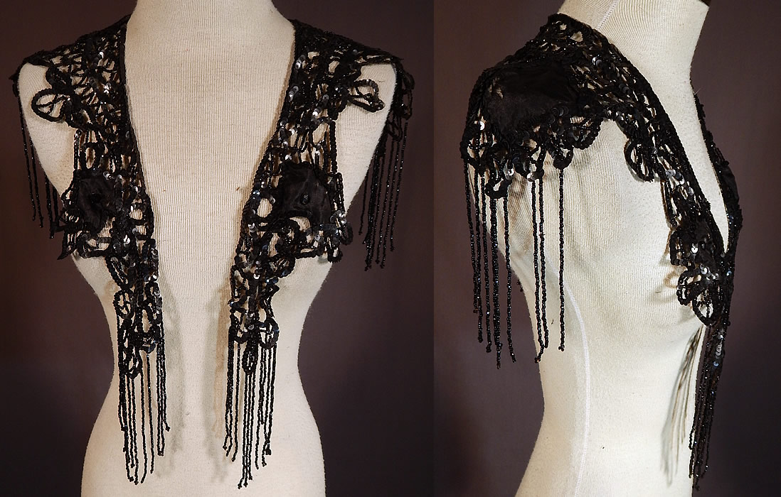 Victorian Black Silk Sequin Jet Beaded Fringe Shawl Collar Dress Trim
This antique Victorian era black silk sequin jet beaded fringe shawl collar dress trim dates from 1900. It is made of black sequins and jet beading woven into a decorative lattice work design, with black silk appliqu&eacute; inserts and beaded fringe hanging down from the bottom. 