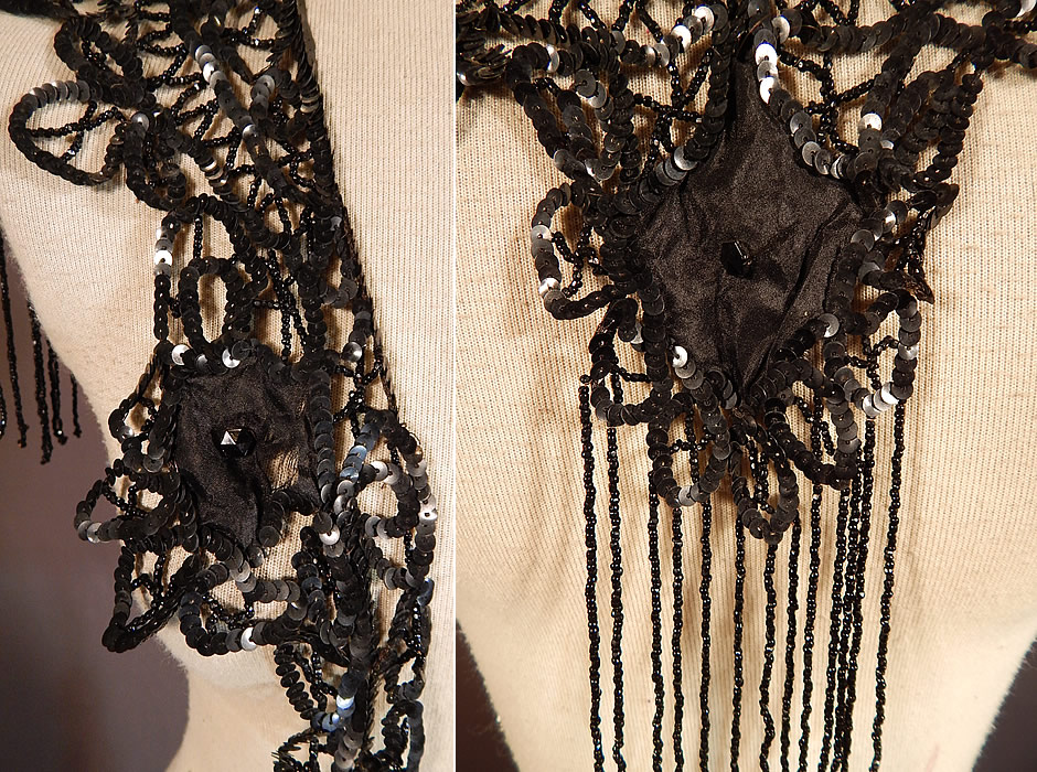 Victorian Black Silk Sequin Jet Beaded Fringe Shawl Collar Dress Trim
It is in good as-is condition, with a few loose missing beads and frayed small holes on the silk inserts. 