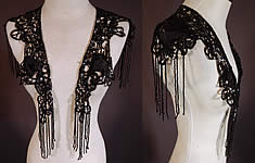 Victorian Black Silk Sequin Jet Beaded Fringe Shawl Collar Dress Trim
