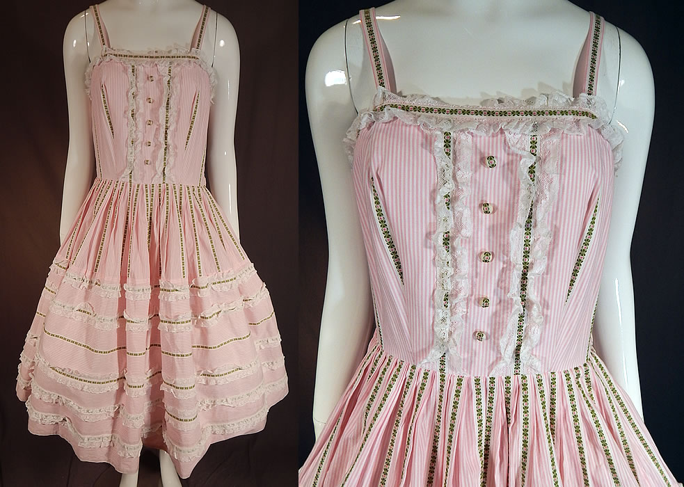 Vintage Pink & White Striped Cotton Lace Ribbon Trim Lolita Style Circle Skirt Dress
This vintage pink and white striped cotton lace ribbon trim Lolita style circle skirt dress dates from the 1950s. It is made of a pink and white striped cotton checkered gingham fabric, with white lace ruffle trim and pink, green damask ribbon trim edging.