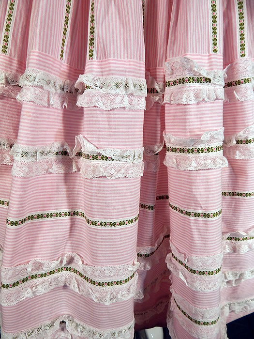 Vintage Pink & White Striped Cotton Lace Ribbon Trim Lolita Style Circle Skirt Dress
The dress measures 43 inches long, with a 34 inch bust, 26 inch waist and 80 inch hips. It is in excellent condition. This is truly a wonderful piece of custom made Lolita wearable art! 