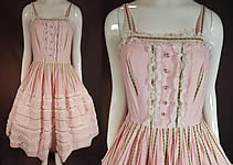 Vintage Pink & White Striped Cotton Lace Ribbon Trim Lolita Style Circle Skirt Dress
