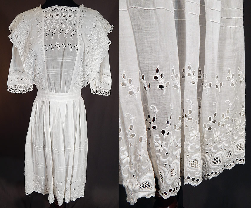 Vintage Edwardian White Cotton Broderie Anglaise Eyelet Embroidery Girls Dress
This vintage Edwardian era white cotton broderie anglaise eyelet embroidery girls dress dates from 1910. It is made of a sheer white cotton batiste fabric, with broderie anglaise eyelet embroidery cutwork, drawn thread whitework. 