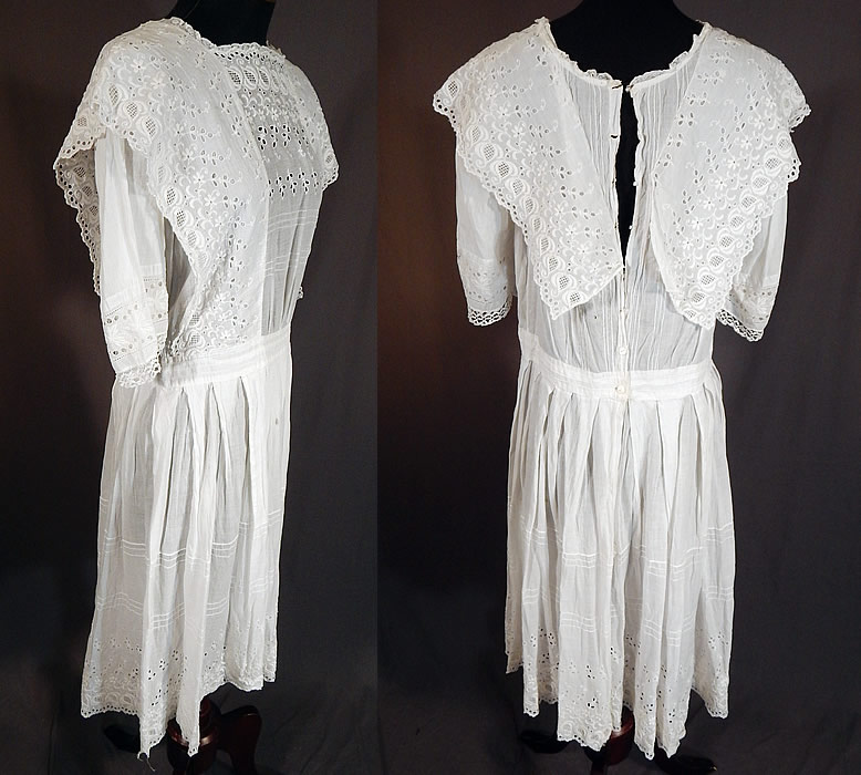 Vintage Edwardian White Cotton Broderie Anglaise Eyelet Embroidery Girls Dress
The dress measures 40 inches long, with a 30 inch chest, 28 inch waist, 13 inch long sleeves and a 12 inch back.