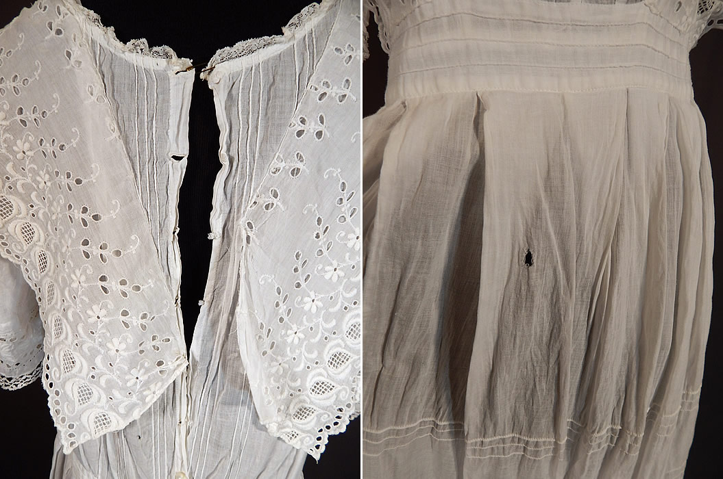 Vintage Edwardian White Cotton Broderie Anglaise Eyelet Embroidery Girls Dress
It is in good as-is condition needing some restoration, missing most of the back button closures on the top and a small frayed hole on the front skirt and back top. This is truly a wonderful piece of wearable antique lace art!