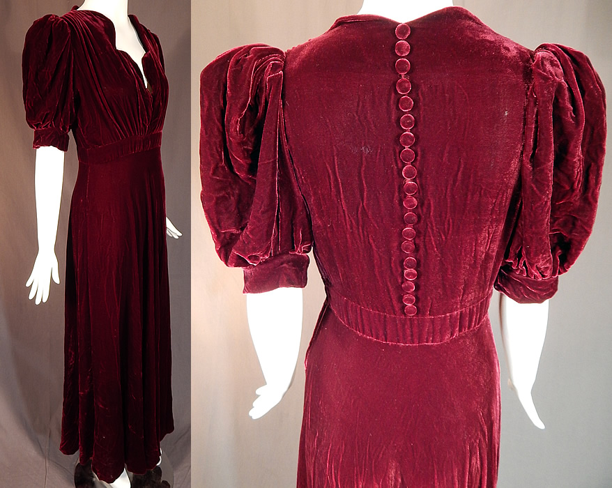 Vintage Burgundy Red Velvet Button Back Sweetheart Neck Evening Gown Dress
The dress measures 56 inches long, with a 38 inch bust, 26 inch waist, 60 inch hips and a 13 inch back. It is in good condition, with only a tiny pin hole on the front skirt. This is truly a luxurious piece of custom made velvet wearable textile art! 