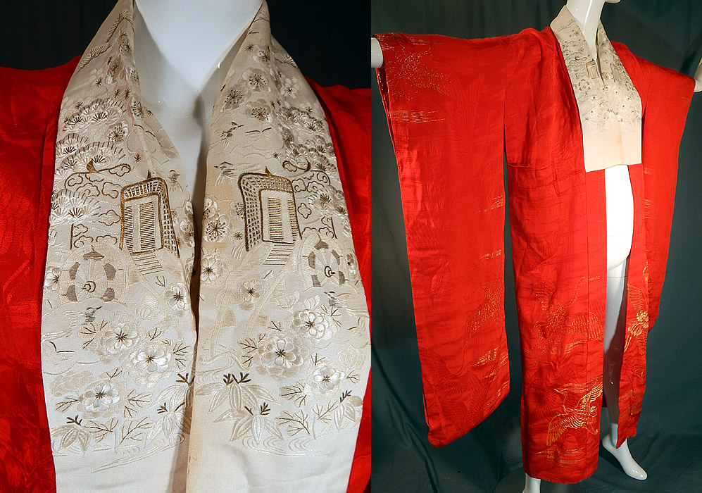 Vintage Japanese Red Silk Gold Embroidered Cranes Furisode Ceremonial Kimono
The kimono measures 54 inches long, with 40 inch long sleeves, a 42 inch chest, 36 inch waist and 24 inch back.