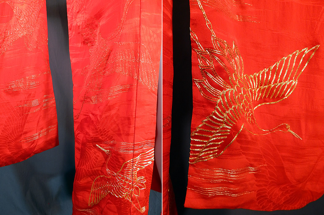 Vintage Japanese Red Silk Gold Embroidered Cranes Furisode Ceremonial Kimono
This vintage Japanese red silk gold embroidered cranes furisode ceremonial kimono dates from during the Showa period in the 1930s. It is made of a scarlet red color silk damask weave fabric with a woven flying crane design and gold metallic thread couching embroidery work of more crane birds in flight. The crane is a symbol of luck, longevity and fidelity.