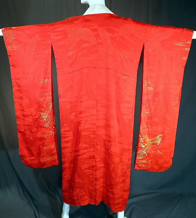 Vintage Japanese Red Silk Gold Embroidered Cranes Furisode Ceremonial Kimono
This is a truly a wonderful piece of wearable Japanese textile art! 