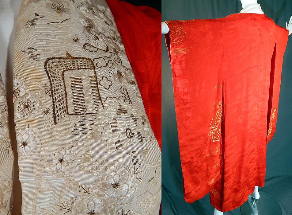 Vintage Japanese Red Silk Gold Embroidered Cranes Furisode Ceremonial Kimono
It is good as-is condition, with some small faint stains on the white collar trim (see close-up).