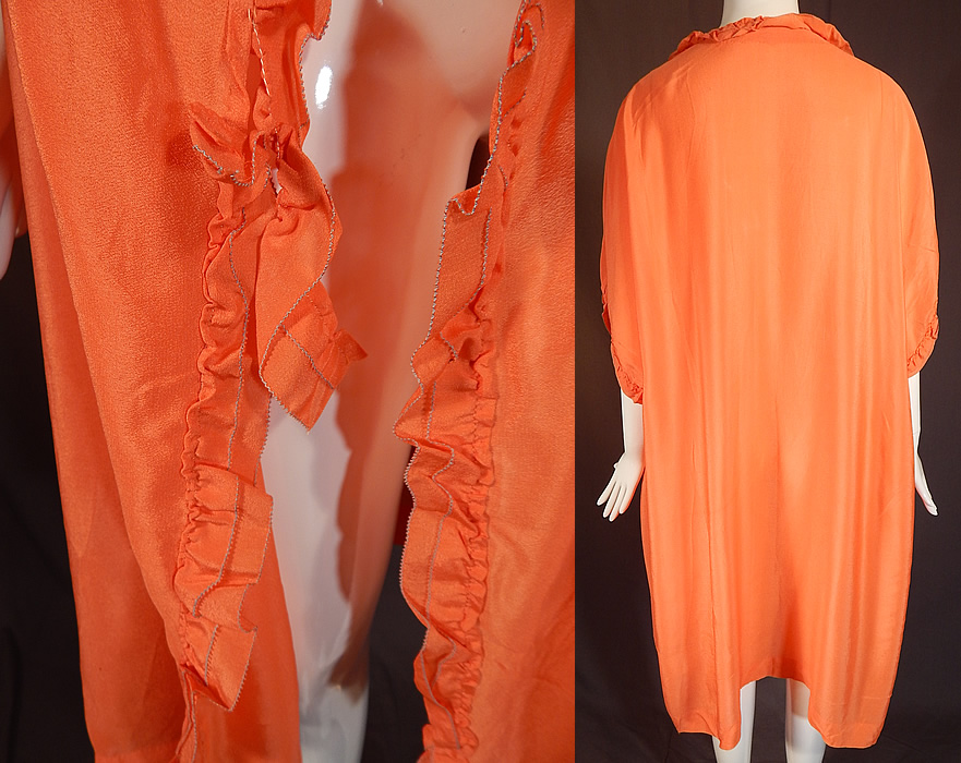 Vintage Orange Silk Ruffle Boudoir Lingerie Flapper Peignoir Dressing Gown Robe
The robe measure 42 inches long, with a 50 inch bust, 50 inch waist and 50 inch hips. It is in good condition, with only a small area of loose ruffle trim edging near the front opening (see close-up). This is truly a wonderful piece of flapper lingerie boudoir wearable art! 