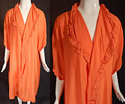 Vintage Orange Silk Ruffle Boudoir Lingerie Flapper Peignoir Dressing Gown Robe
