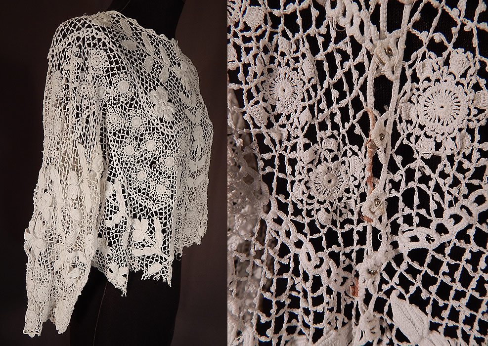 Edwardian Antique White Floral Meshwork Irish Crochet Lace Blouse
It is in good as-is condition, with some small breaks in the lace, frayed cut bottom front and a few tiny rust stains on the back near the snap closures (see close-ups). This is truly a beautiful piece of antique handmade Irish crochet lace wearable art! 