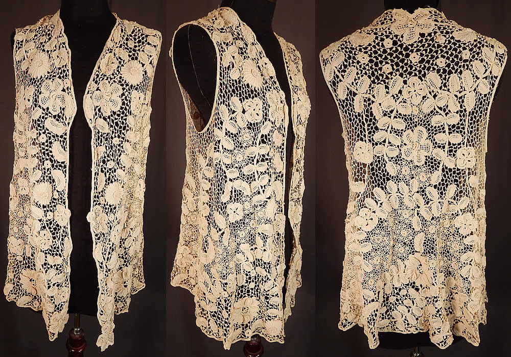 Edwardian Antique White Irish Crochet Lace Long Sleeveless Vest Jacket
It is made of an off white cream color handmade Irish crochet lace with a dense heavily created raised three dimensional flower leaf design, connecting thread picot ornamented bars and detailed meshwork. 