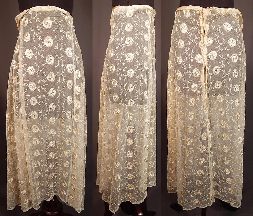 Vintage Yin & Yang Spiral Floral Vine Leaf Cream Tambour Embroidery Net Lace Skirt
This vintage yin and yang spiral floral vine leaf cream tambour embroidery net lace net skirt dates from the 1920s. It is made of an off white cream color sheer tulle net fabric, with silk tambour embroidery work done in a yin and yang symbol style floral vine leaf design.