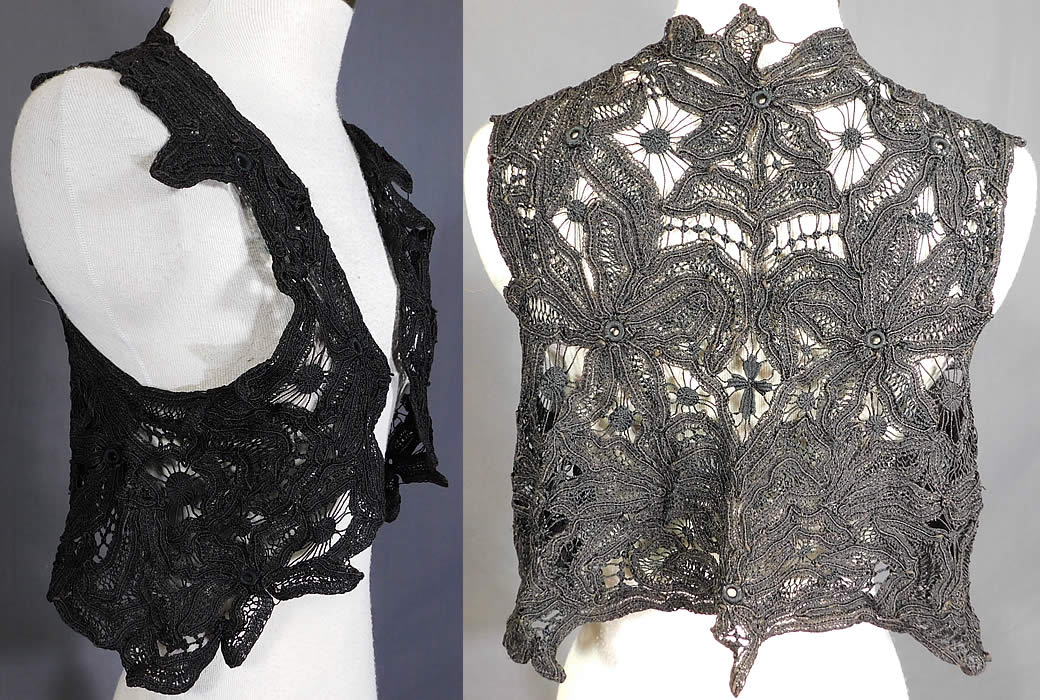 Victorian Antique Black Battenburg Lace Short Sleeveless Vest Crop Bolero Jacket
This antique Victorian era black battenburg lace short sleeveless vest crop bolero jacket dates from 1900. It is hand made of a black battenburg tape lace with buttonholed circles, heavy outlining cordonnets, connecting thread bars done in a decorative floral leaf and cross designs.