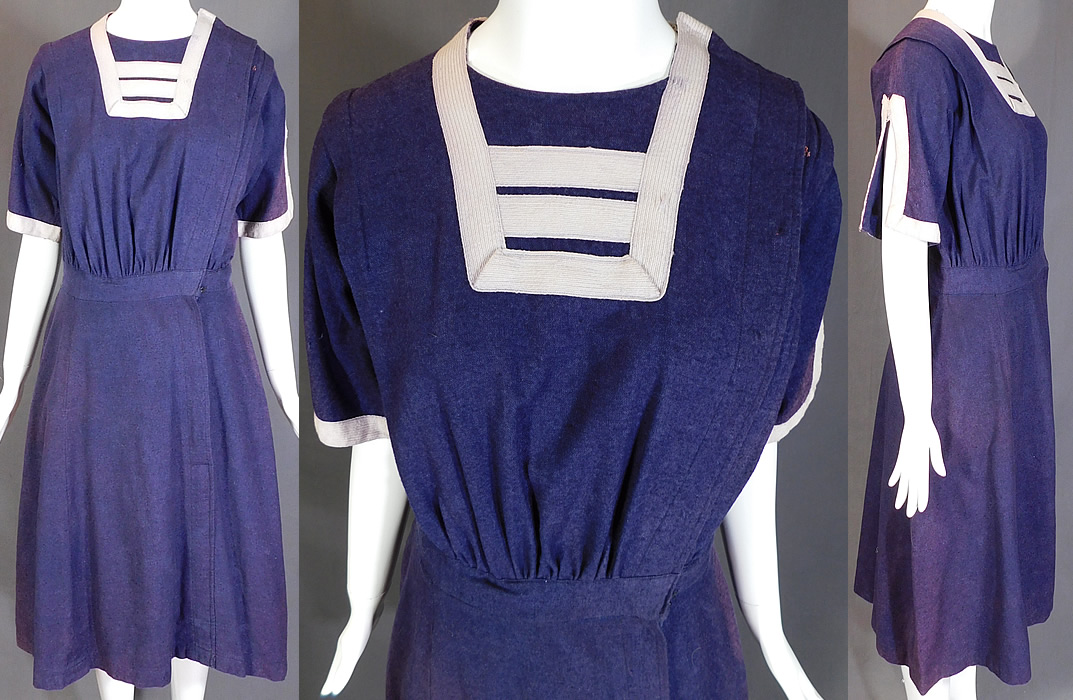 Edwardian Blue Flannel Wool Bathing Beauty Costume Swimsuit Dress & Bloomers
This vintage Edwardian era blue flannel wool bathing beauty costume swimsuit dress and bloomers dates from 1910. It is made of a blue soft flannel wool fabric with white corded striped trim edging on the top.