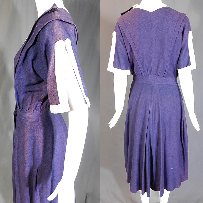 Edwardian Blue Flannel Wool Bathing Beauty Costume Swimsuit Dress & Bloomers
The swimsuit dress measures 43 inches long, the inner pantaloons 25 inches long with a 14 inch inseam, 36 inch bust, 28 inch waist, 48 inch hips and a 14 inch back.
