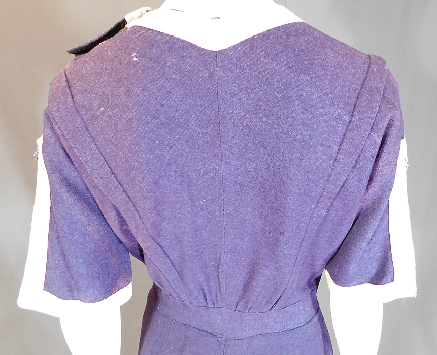Edwardian Blue Flannel Wool Bathing Beauty Costume Swimsuit Dress & Bloomers
It is in good as-is condition, with some fade discoloration in areas, along the side and a few tiny frayed holes on the sleeve, back top (see close-ups). This antique authentic "bathing beauty" costume is truly a wonderful piece of wearable swimwear art! 