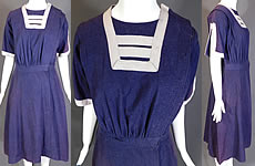 Edwardian Blue Flannel Wool Bathing Beauty Costume Swimsuit Dress Bloomers Vtg
