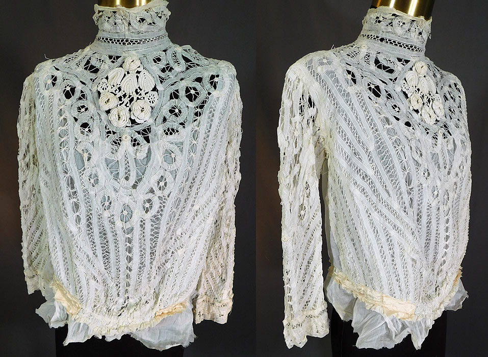 Victorian White Battenburg Tape Lace Crochet Trim Bodice Blouse Top
This lovely lace bodice blouse has a high neck collar, long sleeves, a cotton peplum skirted waist, hook closures down the back and a white cotton batiste camisole lining sewn inside. 