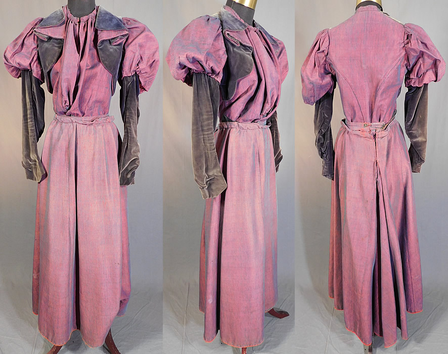 Victorian Red Blue Violet Velvet Wool Mutton Sleeve Bodice Skirt Gown
This antique Victorian era red blue violet velvet wool mutton sleeve bodice skirt dress dates from 1890. It is made of a red and blue violet color iridescent woven wool fabric with a faded midnight blue velvet trim on the lapel collar and sleeves.