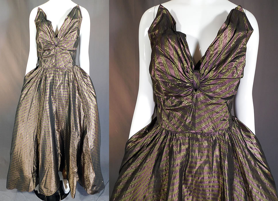 Vintage Diminutives Designed By Martini Taffeta Striped Strapless Gown Formal Dress
This vintage Diminutives Designed By Martini taffeta striped strapless gown formal dress dates from the 1950s. It is made of an iridescent purple, green and gold striped silk taffeta lustrous fabric.