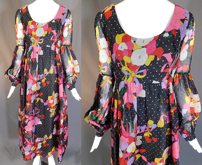 Vintage Mollie Parnis Boutique Floral Polka Dot Print Poet Sleeve Boho Maxi Dress
This vintage Mollie Parnis Boutique NY floral polka dot print poet sleeve boho maxi dress dates from the 1970s. It is made of a black and white polka dot sheer silk organdy fabric overlay with a colorful floral bouquet bow trim print design. 