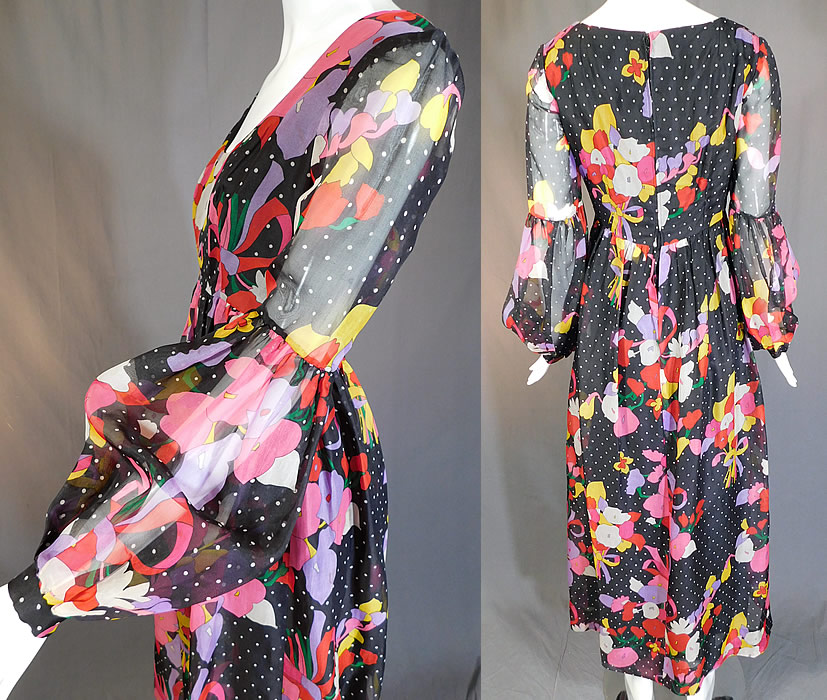 Vintage Mollie Parnis Boutique Floral Polka Dot Print Poet Sleeve Boho Maxi Dress
The dress measures 55 inches long, with a 34 inch bust, 26 inch waist, 38 inch hips, a 13 inch back and 25 inch long sleeves. 
