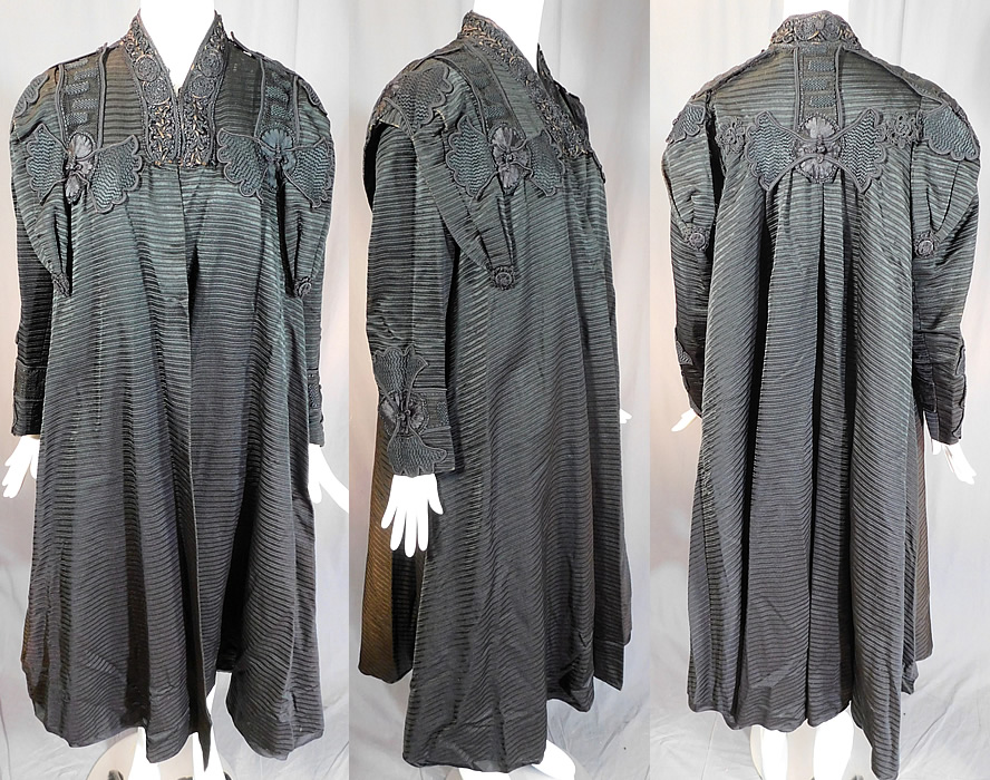 Edwardian Black Silk Soutache Braided Rope Passementerie Trim Long Evening Coat
This wonderful winter long evening coat jacket has a loose fitting swing style, with decorative layered trim over the shoulders, with long full sleeves, braided trim around the collar neckline, hook closures at the neck and is fully lined in a black silk fabric inside. The coat measures 47 inches long, with a 40 inch bust, 50 inch waist, 50 inch hips, 23 inch long sleeves and a 13 inch back. 
