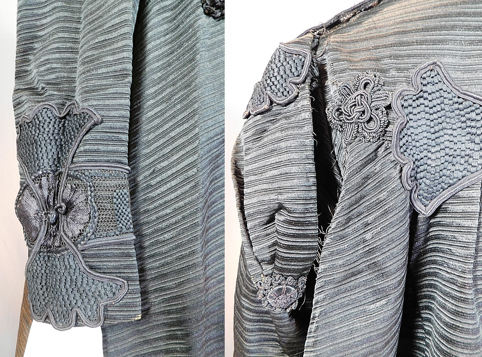 Edwardian Black Silk Soutache Braided Rope Passementerie Trim Long Evening Coat
It is in good as-is condition, needing some minor restoration with some frayed splits on silk lining which needs to be removed, replaced, some frayed open seams stitching attaching the shoulder trim, top collar (see close-up).