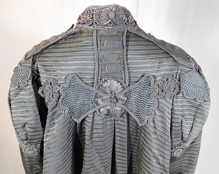 Edwardian Black Silk Soutache Braided Rope Passementerie Trim Long Evening Coat
This is truly a wonderful piece of wearable textile art! 