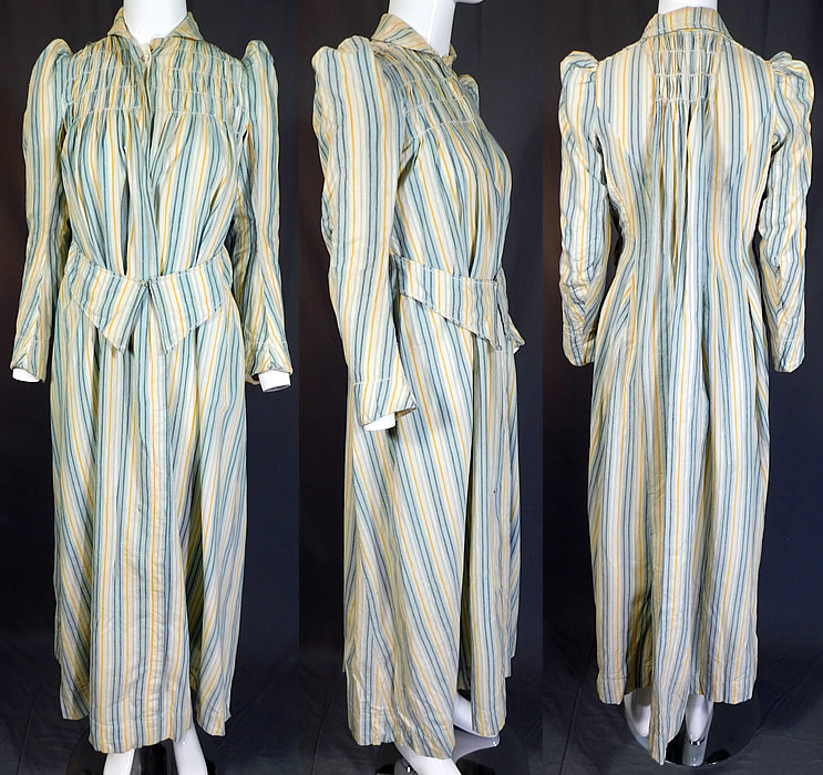 Victorian Striped Print Flannel Wool Watteau Wrapper Workwear Morning Dress
This antique Victorian era striped print flannel wool watteau wrapper workwear morning dress dates from 1900. It is made of a blue, yellow and white striped print pattern soft brushed nap wool flannel fabric.