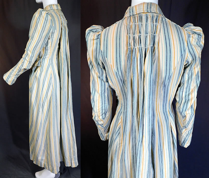 Victorian Striped Print Flannel Wool Watteau Wrapper Workwear Morning Dress
This womens work wear wrapper morning dress is a long floor length, with a watteau back drape, smocking details on the front and back top, small fold over collar, gathered puff shoulders, long tapered sleeves, fully lined, with an attached belted front and button closures on the front modesty panel insert camisole top lining the inside bodice. 