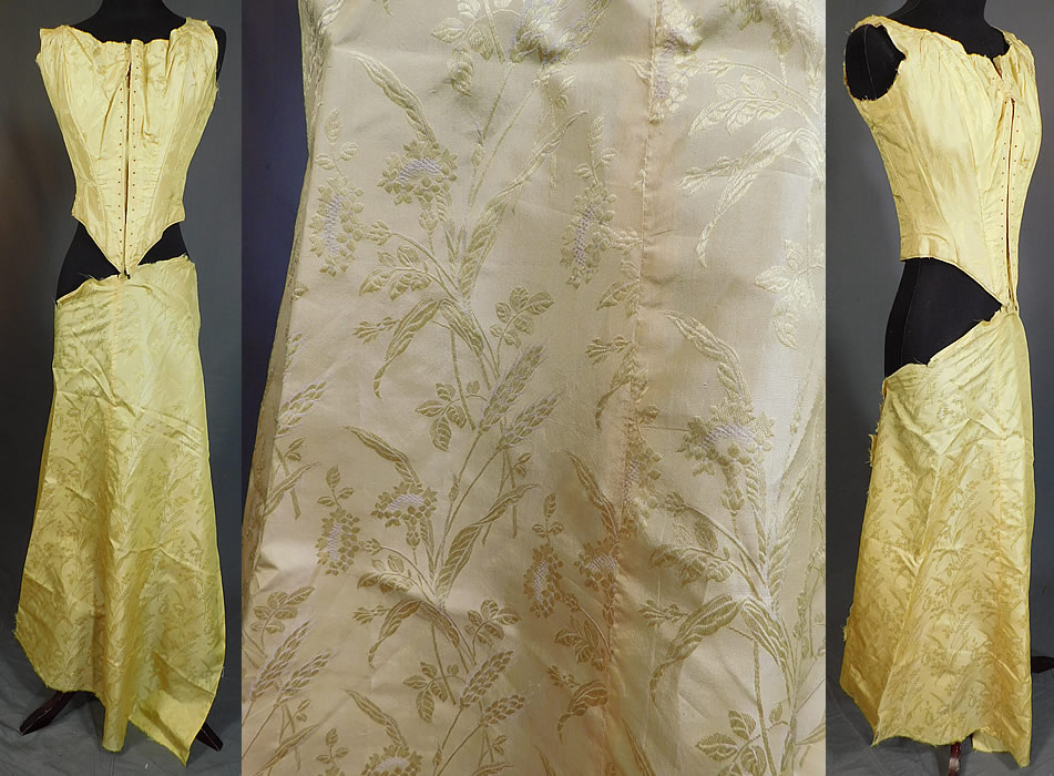 Victorian Yellow Silk Damask Floral Wheat Brocade Ball Gown Corset Bodice & Fabric
This antique Victorian era yellow silk damask floral wheat brocade ball gown corset bodice and fabric dates from the 1860s. It is made of a pale pastel golden yellow color silk brocade damask weave fabric with a woven wheat ear stalk floral pattern design.