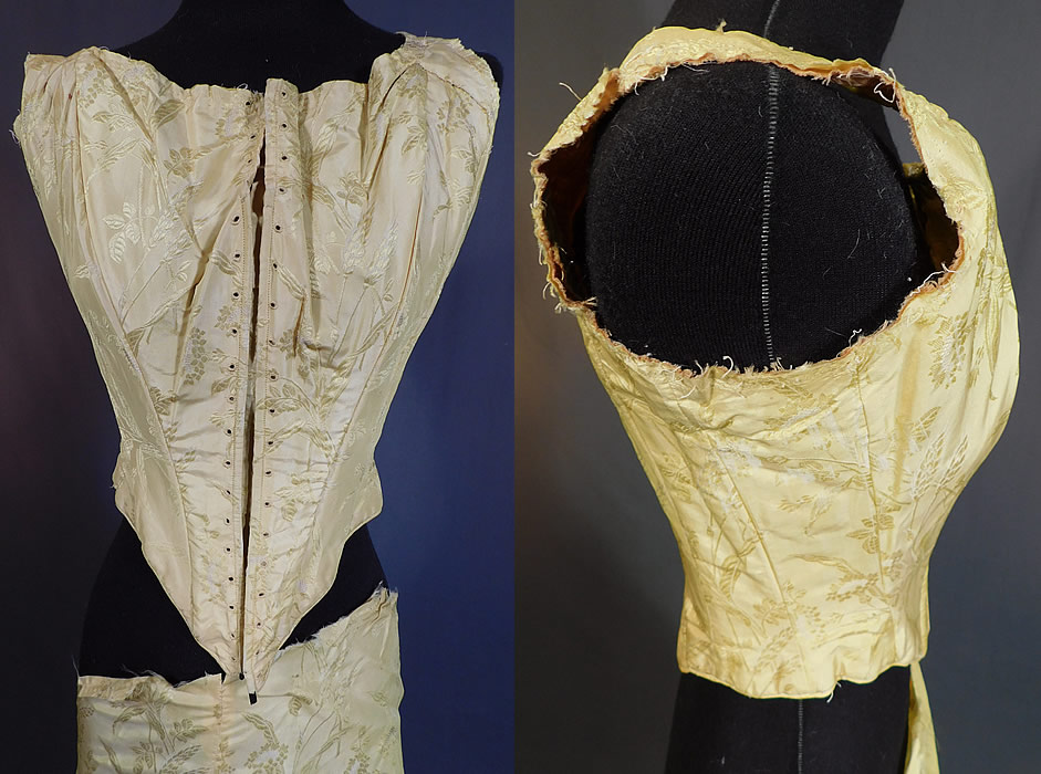 Victorian Yellow Silk Damask Floral Wheat Brocade Ball Gown Corset Bodice & Fabric
This beautiful ball gown bodice has a corseted style with eyelet lacing down the front, coming to a point at the bottom, sleeveless and is fully lined in a brown silk floral damask fabric with stays boning sewn inside. 