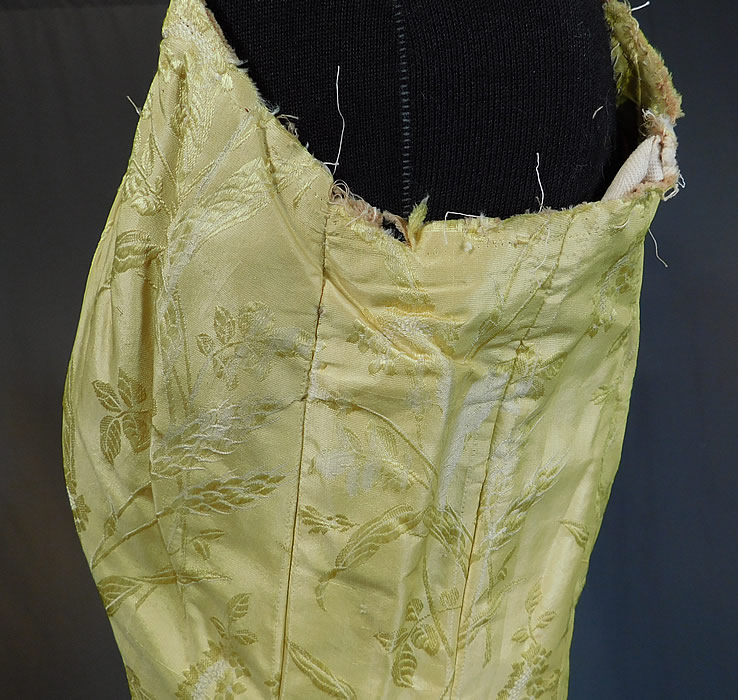 Victorian Yellow Silk Damask Floral Wheat Brocade Ball Gown Corset Bodice & Fabric
They are in fair as-is condition needing restoration and appear to have been cut, taken apart in the process of being altered, with frayed arm holes, missing the corset string lacing for closure on the front, uneven cut skirt fabric remnant and there is a few faint small stains discoloration on the bodice (see close-up). This is truly a wonderful piece of antique Victoriana textile art! 