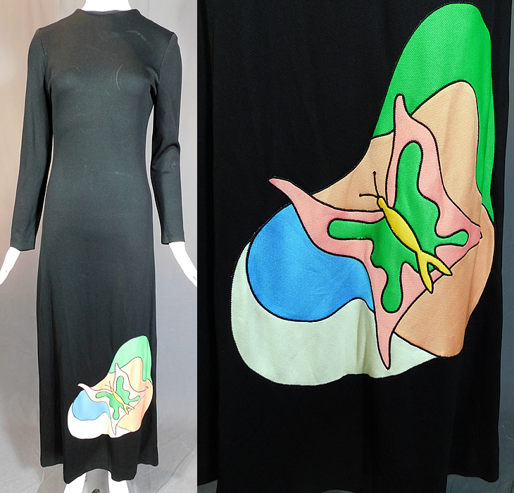 Vintage Mr. Boots Limited Editions Black Knit Neon Butterfly Mod Maxi Dress
This vintage Mr. Boots Limited Editions black knit neon butterfly mod maxi dress dates from the 1970s. It is made of a black polyester stretch knit fabric, with a bright neon colorful butterfly quilted applique on the bottom front skirt.